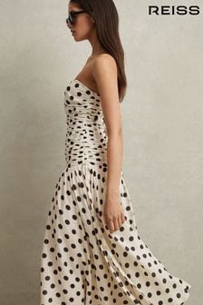Reiss White/Black Rue Viscose Linen Polka Dot Ruched Maxi Dress (N72492) | €389
