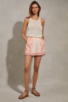 Reiss Cream/Coral Chloe Printed Drawstring Shorts (N72535) | HK$1,697