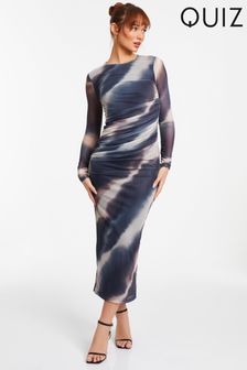 Quiz Blue Mottled Print Mesh Long Sleeve Midaxi Dress (N72637) | OMR20