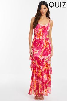 Quiz Pink Chiffon Smudge Print Cowl Front Maxi Dress (N72663) | OMR26