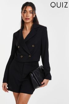 Quiz Black Woven Double Breasted Cropped Tailored Blazer (N72665) | OMR20