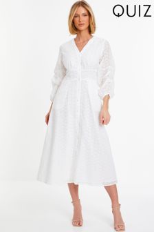 Quiz White Broderie Anglaise Midi Dress With Long Sleeves (N72674) | 319 SAR