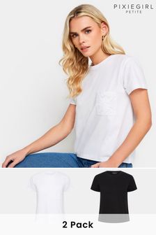 PixieGirl Petite White & Black Crochet Pocket Short Sleeve T-Shirts 2 Pack (N72684) | 140 SAR