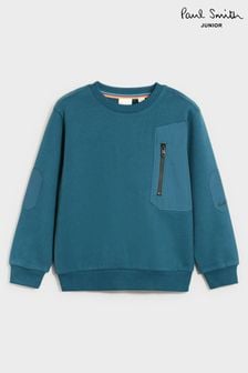 Paul Smith Junior Boys Mid Blue Nylon Panel Crew Neck 100% Cotton Sweatshirt (N72777) | $94