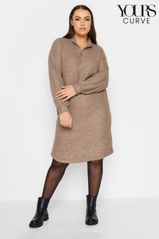 Yours Curve Brown Soft Touch Ribbed Half Zip Midi Dress (N72853) | €45