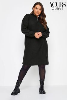 Yours Curve Black Soft Touch Ribbed Half Zip Midi Dress (N72884) | ₪ 171