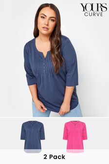 Yours Curve Blue 2 Pack Pintuck Henley Tops (N72961) | LEI 221