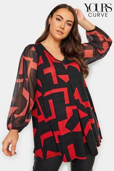 Yours Curve Red Mesh Sleeve Pleated Swing Top (N72979) | $45