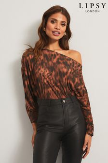 Lipsy Animal Print Asymmetic Bardot Neck Slinky Top (N73005) | 37 €