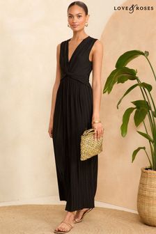 Love & Roses Black Pleated Petite Drape Twist Front Sleeveless Jersey Midi Dress (N73055) | $88