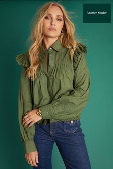 Another Sunday Green Pintuck Detail Lace Trim Shirt (N73089) | $83