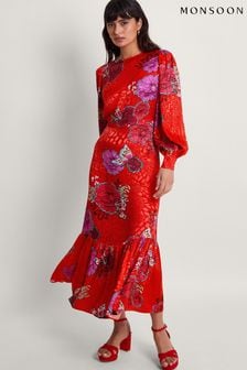 Monsoon Red Esme Floral Tea Dress (N73246) | €172
