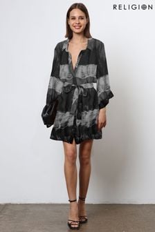 Religion Black Tie Dye Tunic Shirt Dress With Kimono Sleeves (N73383) | $154
