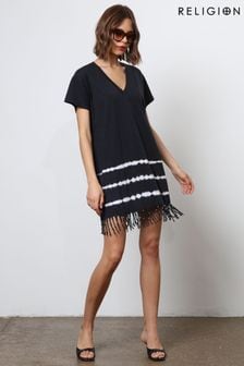 Religion Black Particle Mini Tunic Dress With Tie Dye and Tassles (N73386) | $141