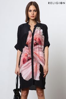Religion Pink Floral Print Loose Fitting Tunic Shirt Dress (N73394) | kr1,233