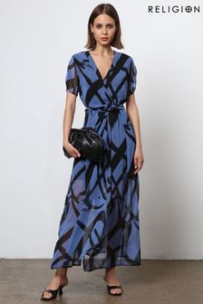 Religion Blue The Dusk Wrap Dress With Cap Sleeve in Abstract Print (N73397) | $209
