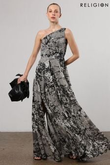 Religion Grey One Shoulder Maxi Dress With Full Floaty Skirt (N73398) | SGD 203