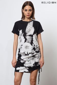 Religion Black Bodycon T-Shirt Dress With Drawstring Details (N73415) | $145