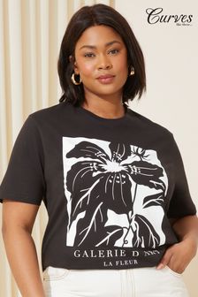 Curves Like These Black Floral Short Sleeve Graphic T-Shirt (N73424) | ₪ 91