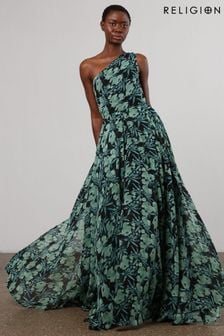 Religion Green One Shoulder Maxi Dress With Full Skirt (N73433) | $180