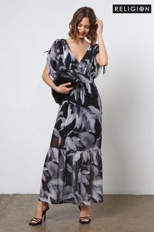 Religion Black Maxi Dress With Tiered Skirt in Beautiful Prints (N73436) | 569 QAR