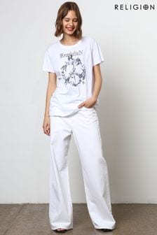 Religion White Oversized T-Shirt with Revolution Peace artwork (N73441) | $67
