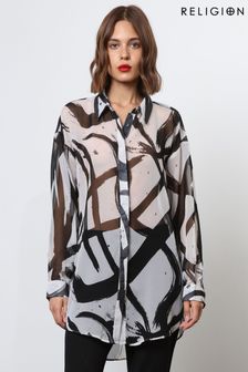 Religion White Oversized Sheer Shirt in Abstract Print (N73445) | $165