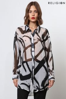 Religion White Oversized Sheer Shirt in Abstract Print (N73445) | $103