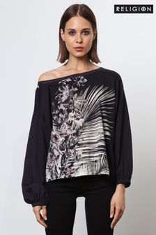 Religion Black Off the Shoulder Batwing T-Shirt With Placement Print (N73448) | OMR30