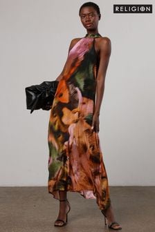 Religion Orange Halterneck Maxi Dress in Abstract Print (N73449) | AED555