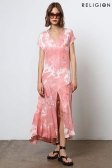 Religion Pink V-Neck Maxi Dress With Cap Sleeves in Pink Tie Dye (N73453) | $163