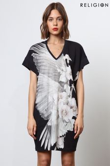 שחור - Religion שמלת(שמלה) טוניקה ג'רזי רפויה עם הדפס מיקום פרחוני גדול (N73457) | ‏327 ‏₪