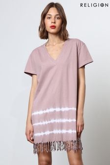 Religion Nude Particle Mini Tunic Dress With Tie Dye and Tassles (N73459) | kr831