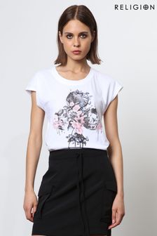 Religion White Cute Fitted Club T-Shirt with Floral Design (N73462) | €48