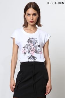 Religion White Cute Fitted Club 100% Cotton T-Shirt with Floral Design (N73462) | $62