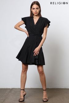 Religion Black Wrap Mini Dress With Studded Neckline (N73463) | 356 QAR