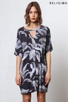 Religion Black Jersey Tunic Dress With Tie Waist in Abstract Print (N73471) | kr844