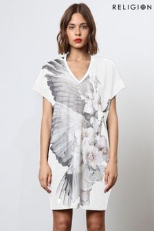 Religion White Loose Jersey Tunic Dress With Large Floral Placement Print (N73472) | kr1 190