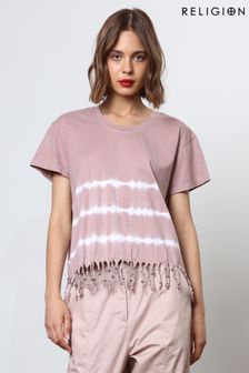 Religion Oversized Particle T-Shirt With Tie Dye Stripe And Tassles
