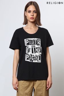 Religion Black Oversized Slogan T-Shirt with Beading (N73484) | AED255