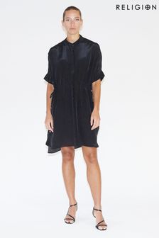 Religion Loose Fitting Tunic Shirt Dress With Tie Waist