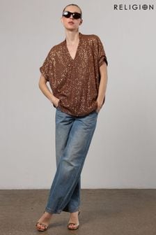 Religion Gold Metallic Oversized Tunic Blouse in Sequin (N73495) | NT$4,110