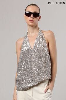 Religion Silver Metallic Sequin Backless Top With Halter Neck (N73504) | KRW170,800