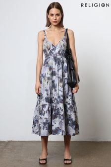 Religion Blue Floral Print Strappy Maxi Summer Dress (N73505) | 544 QAR