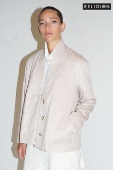 Religion Cream Cream wool Oberon Bomber Jacket With Patch Pockets and Shawl Collar (N73511) | $223