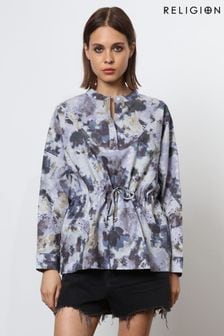 Religion Blue Floral Print Loose Fitting Shirt With Drawstring Waist (N73526) | LEI 507