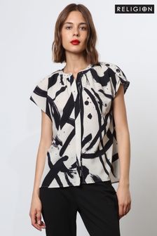Religion Cream Cap Sleeve Shirt In Abstract Print With Studs (N73532) | €64