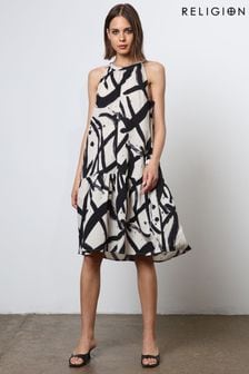 Religion Tiered a Line Midi Dress in Abstract Print