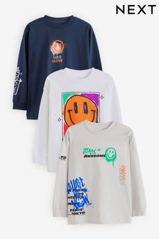 海軍藍/白色/灰色塗鴉 - Graphic 100% Cotton Long Sleeve T-shirts 3 Pack (3-16yrs) (N73648) | NT$1,070 - NT$1,330