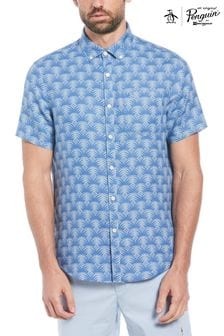 Blue - Original Penguin Delave Linen All-over Print Short Sleeve Shirt (N73792) | kr1 460